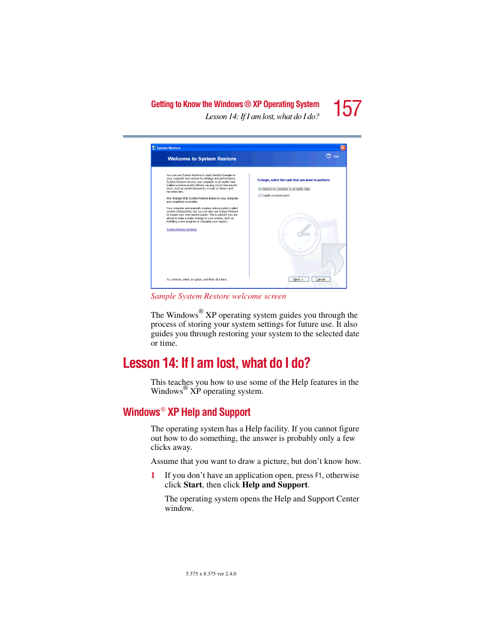 Lesson 14: if i am lost, what do i do, Windows® xp help and support, Windows | Toshiba 2400 User Manual | Page 157 / 300