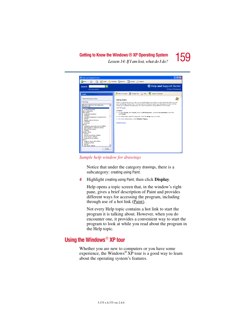 Using the windows® xp tour, Using the windows, Xp tour | Toshiba 2400 User Manual | Page 159 / 300
