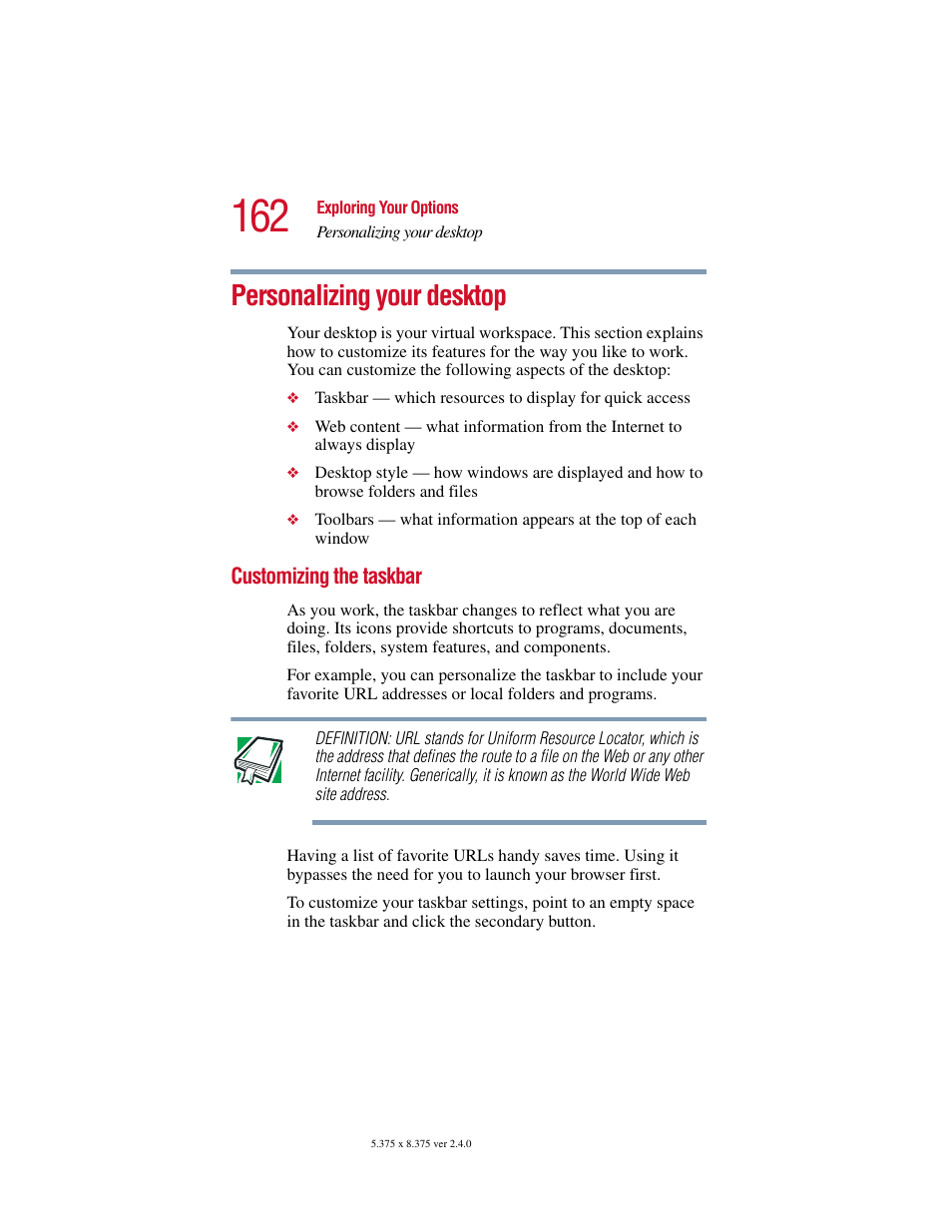 Personalizing your desktop, Customizing the taskbar | Toshiba 2400 User Manual | Page 162 / 300
