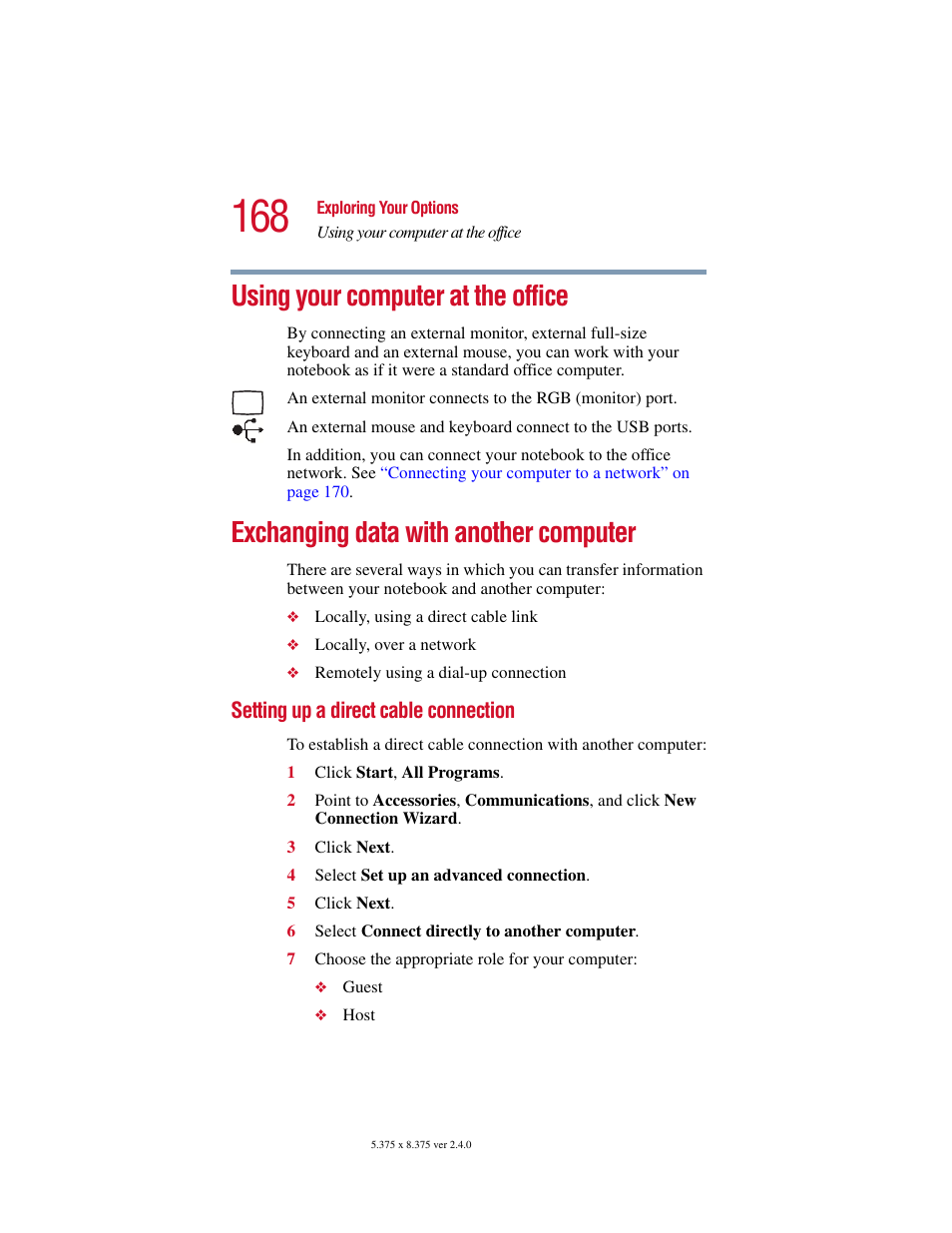 Using your computer at the office, Exchanging data with another computer, Setting up a direct cable connection | Toshiba 2400 User Manual | Page 168 / 300