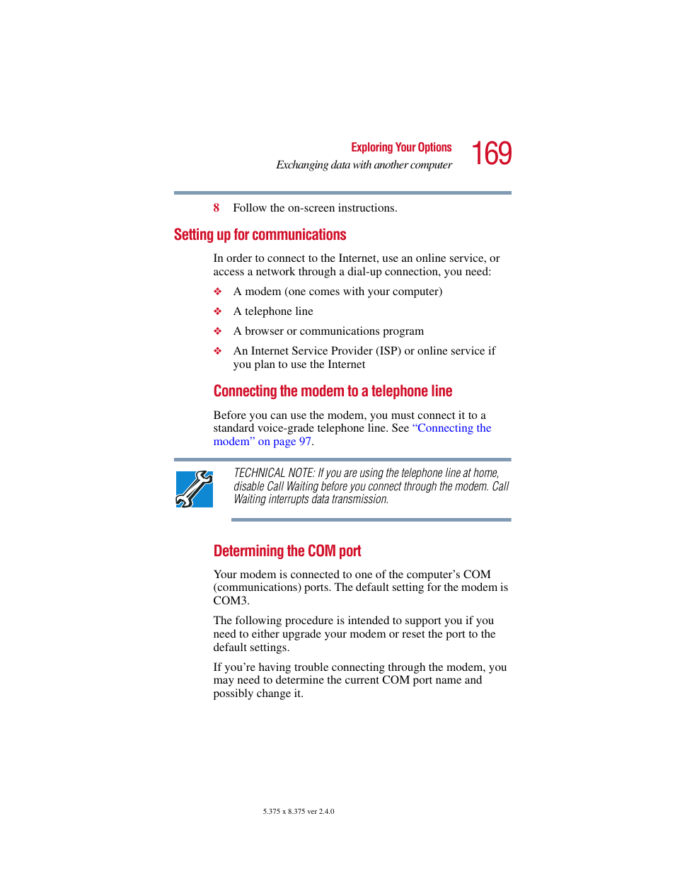 Setting up for communications | Toshiba 2400 User Manual | Page 169 / 300