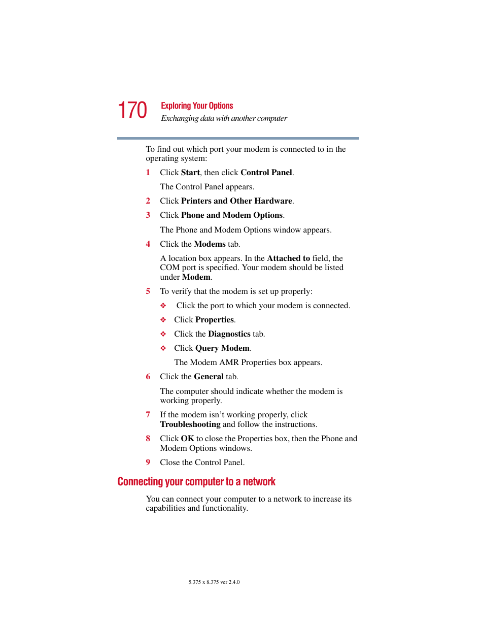 Connecting your computer to a network | Toshiba 2400 User Manual | Page 170 / 300