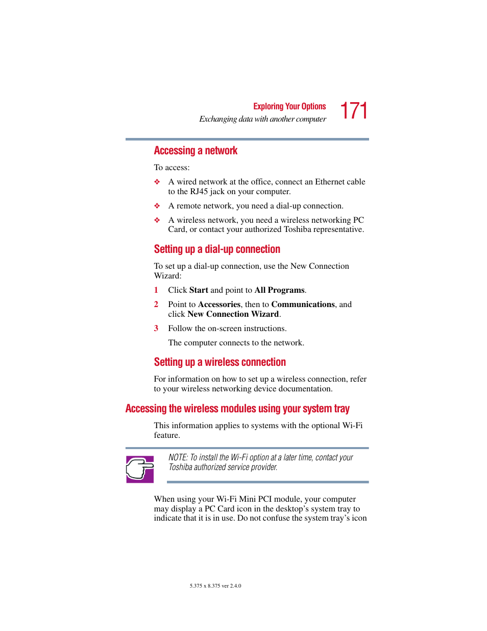 Accessing the wireless modules, Using your system tray | Toshiba 2400 User Manual | Page 171 / 300