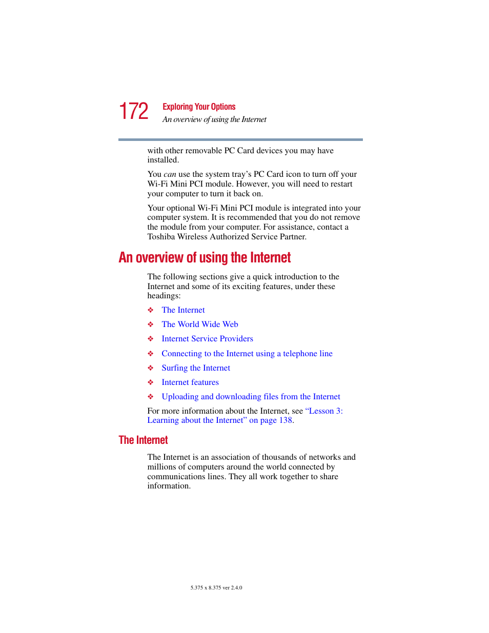 An overview of using the internet, The internet | Toshiba 2400 User Manual | Page 172 / 300