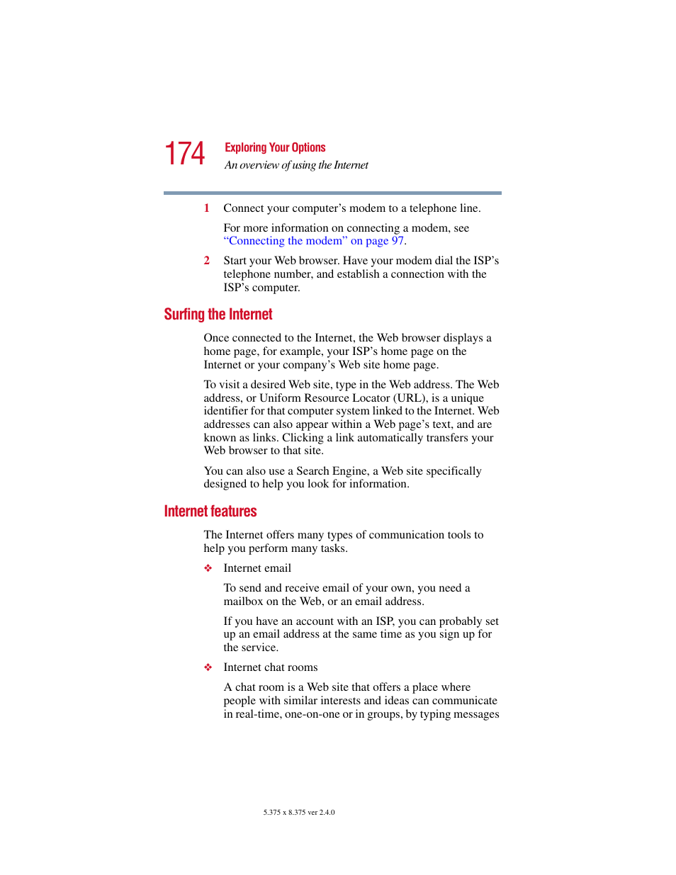 Surfing the internet, Internet features, Surfing the internet internet features | Toshiba 2400 User Manual | Page 174 / 300