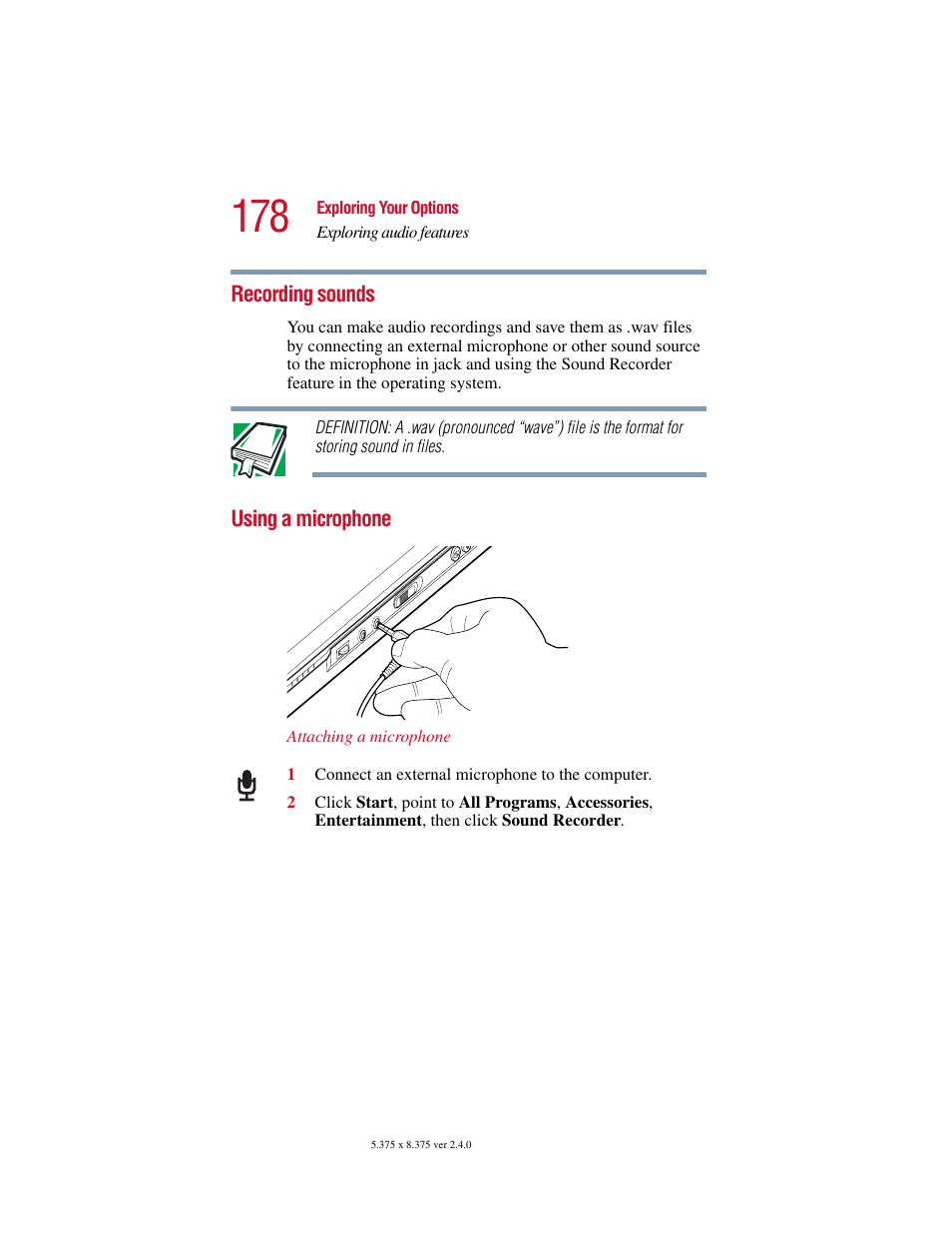 Recording sounds, Using a microphone, Recording sounds using a microphone | Toshiba 2400 User Manual | Page 178 / 300