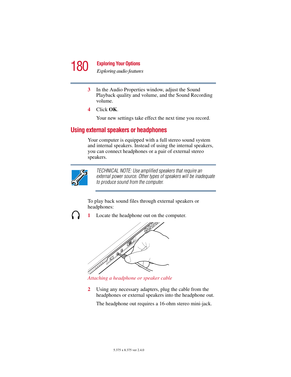 Using external speakers or headphones | Toshiba 2400 User Manual | Page 180 / 300