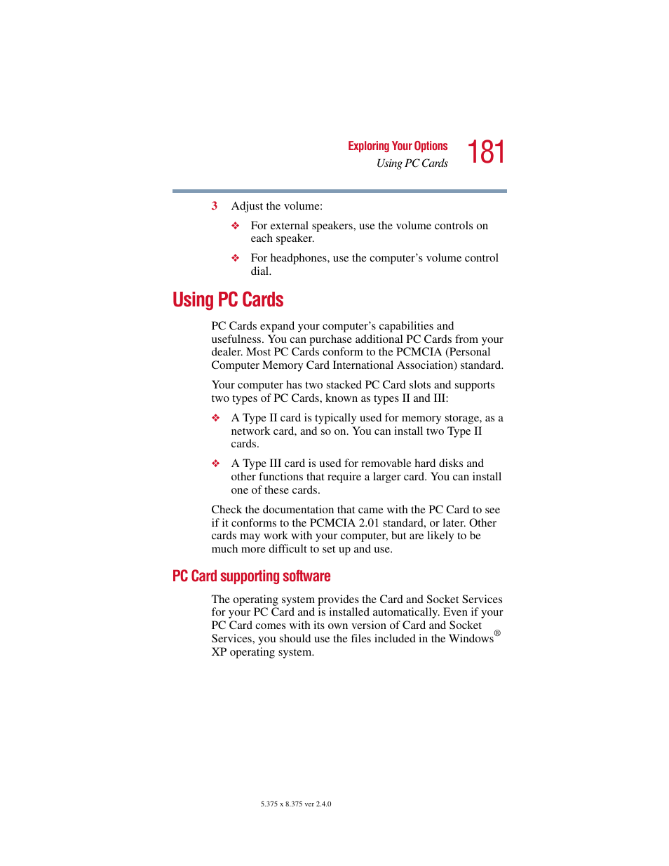 Using pc cards, Pc card supporting software | Toshiba 2400 User Manual | Page 181 / 300