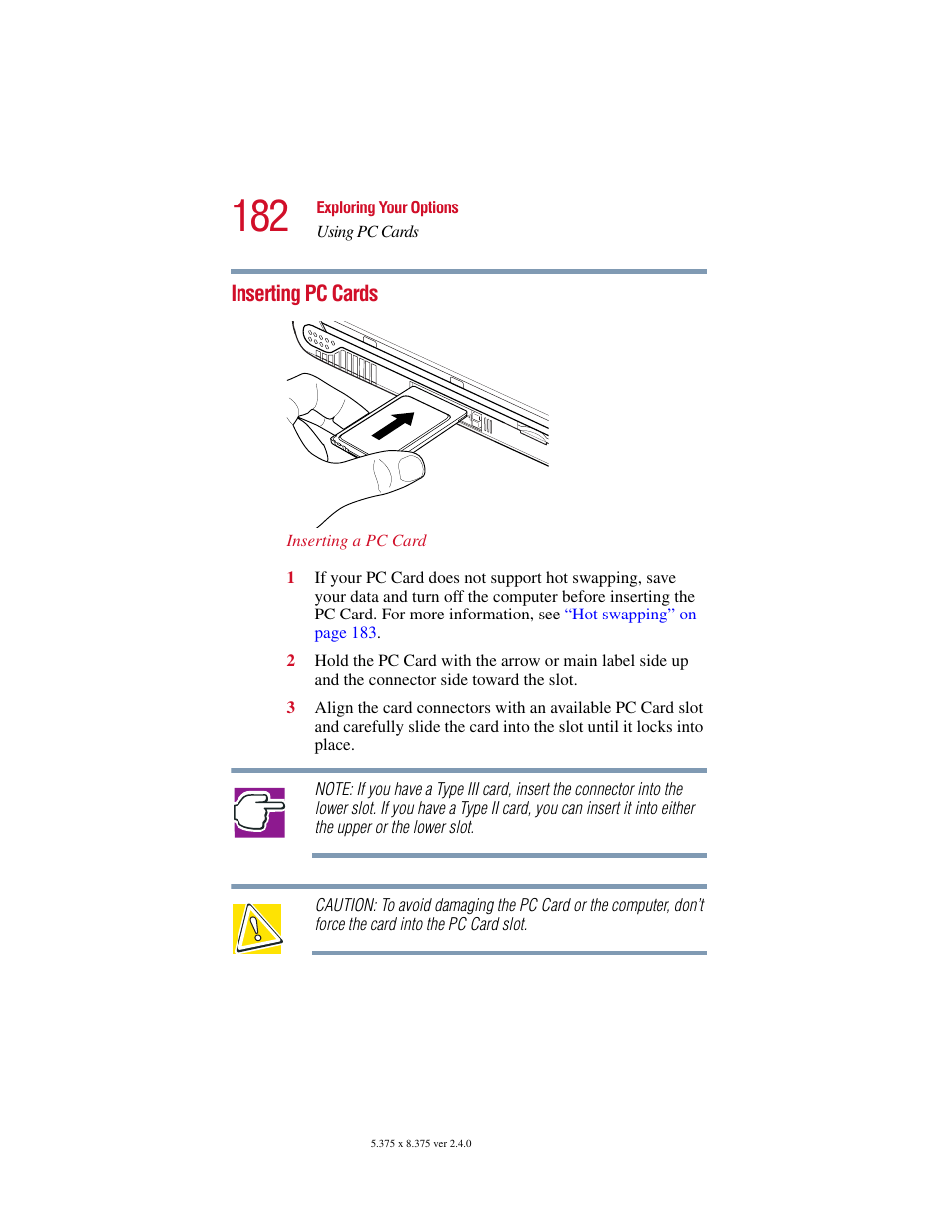 Inserting pc cards | Toshiba 2400 User Manual | Page 182 / 300