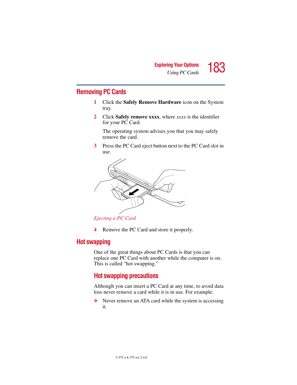 Removing pc cards, Hot swapping, Removing pc cards hot swapping | Toshiba 2400 User Manual | Page 183 / 300
