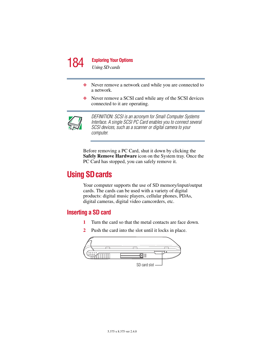 Using sd cards, Inserting a sd card, Using sd | Cards | Toshiba 2400 User Manual | Page 184 / 300