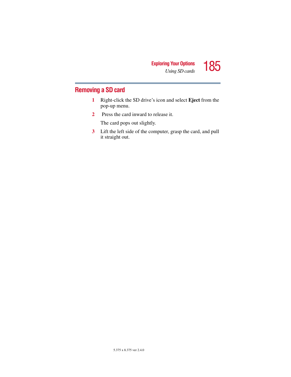 Removing a sd card | Toshiba 2400 User Manual | Page 185 / 300