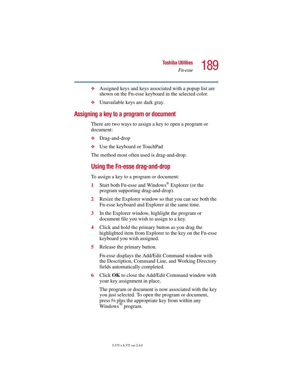 Assigning a key to a program or document, Using the fn-esse drag-and-drop | Toshiba 2400 User Manual | Page 189 / 300