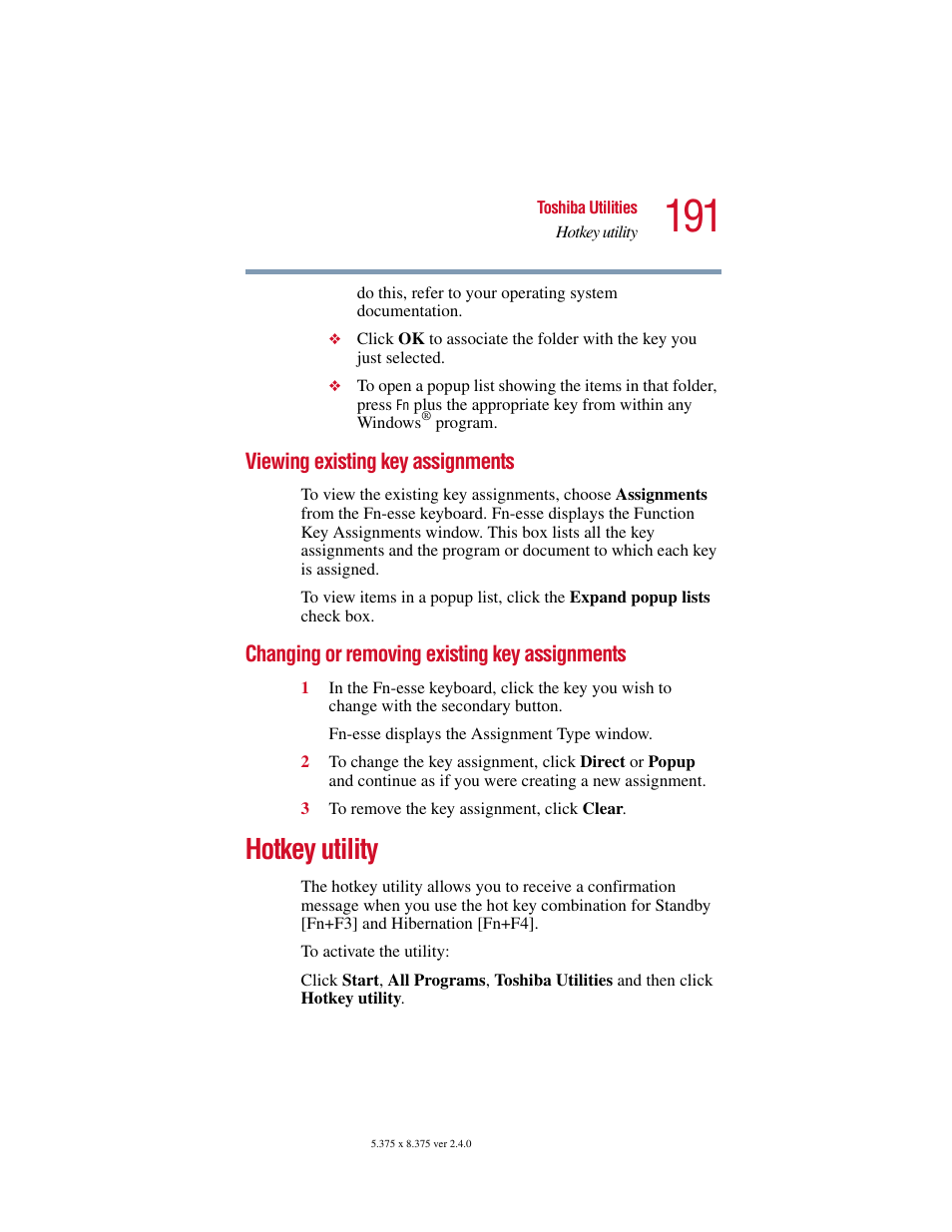 Viewing existing key assignments, Changing or removing existing key assignments, Hotkey utility | Existing key assignments | Toshiba 2400 User Manual | Page 191 / 300