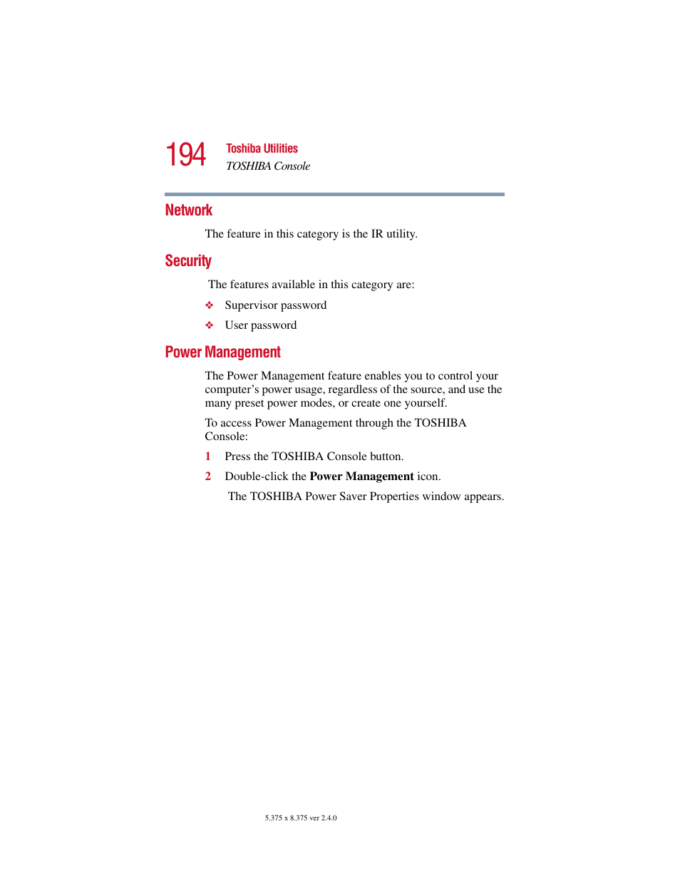 Network, Security, Power management | Network security power management, Power | Toshiba 2400 User Manual | Page 194 / 300