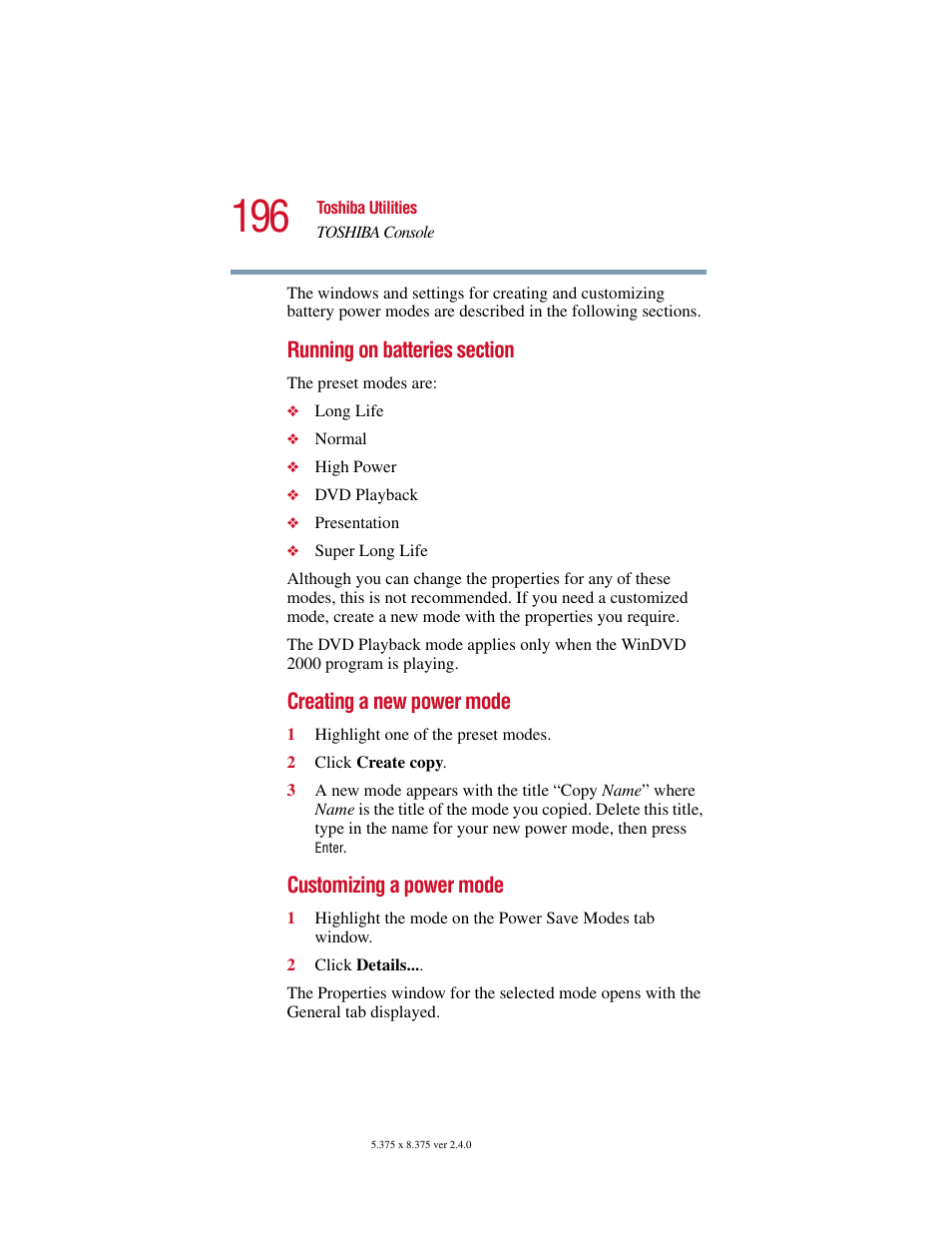 Creating a new power mode, Customizing a power mode | Toshiba 2400 User Manual | Page 196 / 300