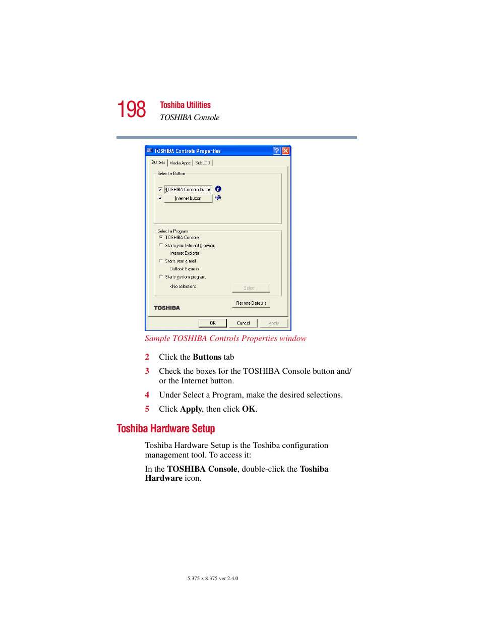 Toshiba hardware setup | Toshiba 2400 User Manual | Page 198 / 300