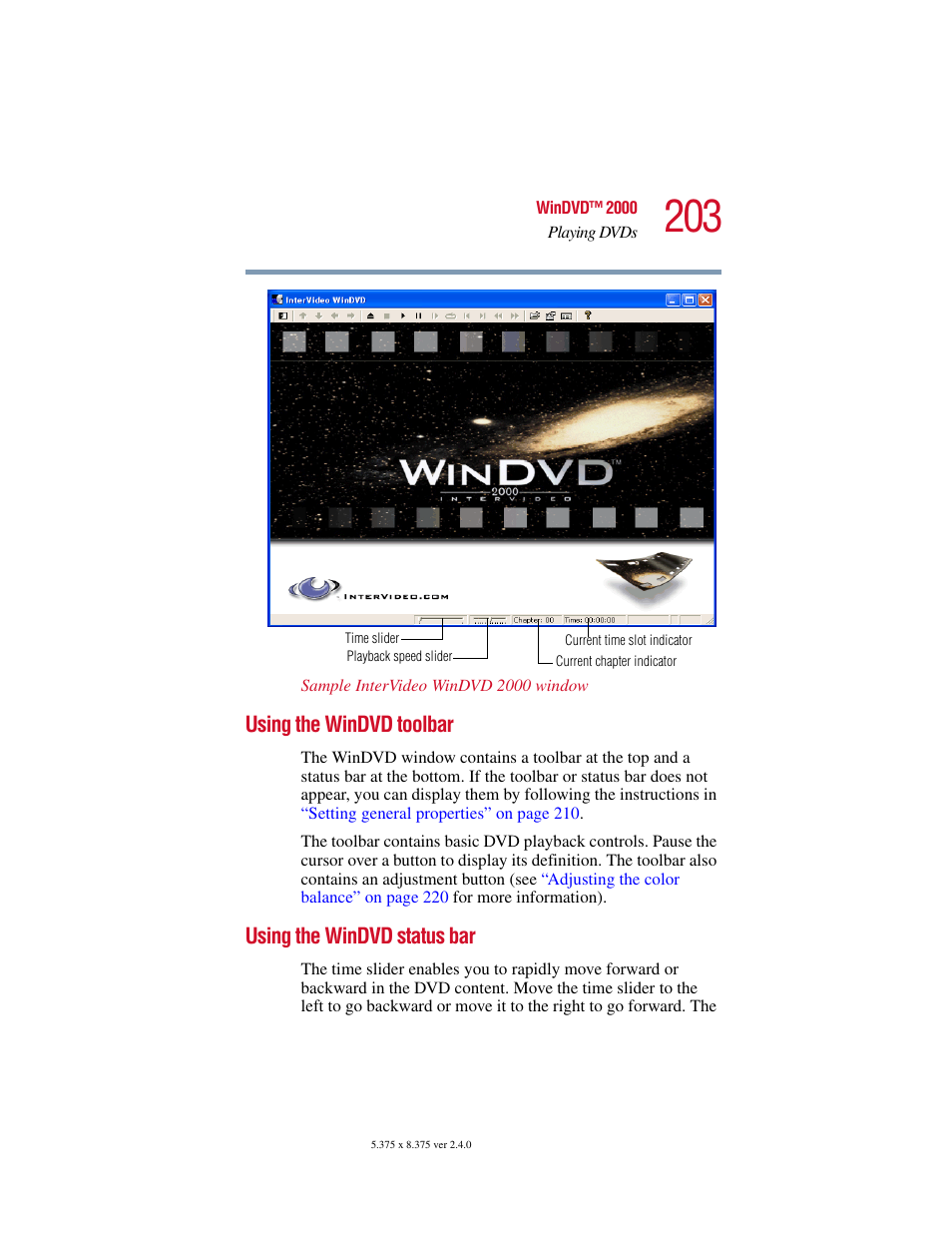 Using the windvd toolbar, Using the windvd status bar | Toshiba 2400 User Manual | Page 203 / 300