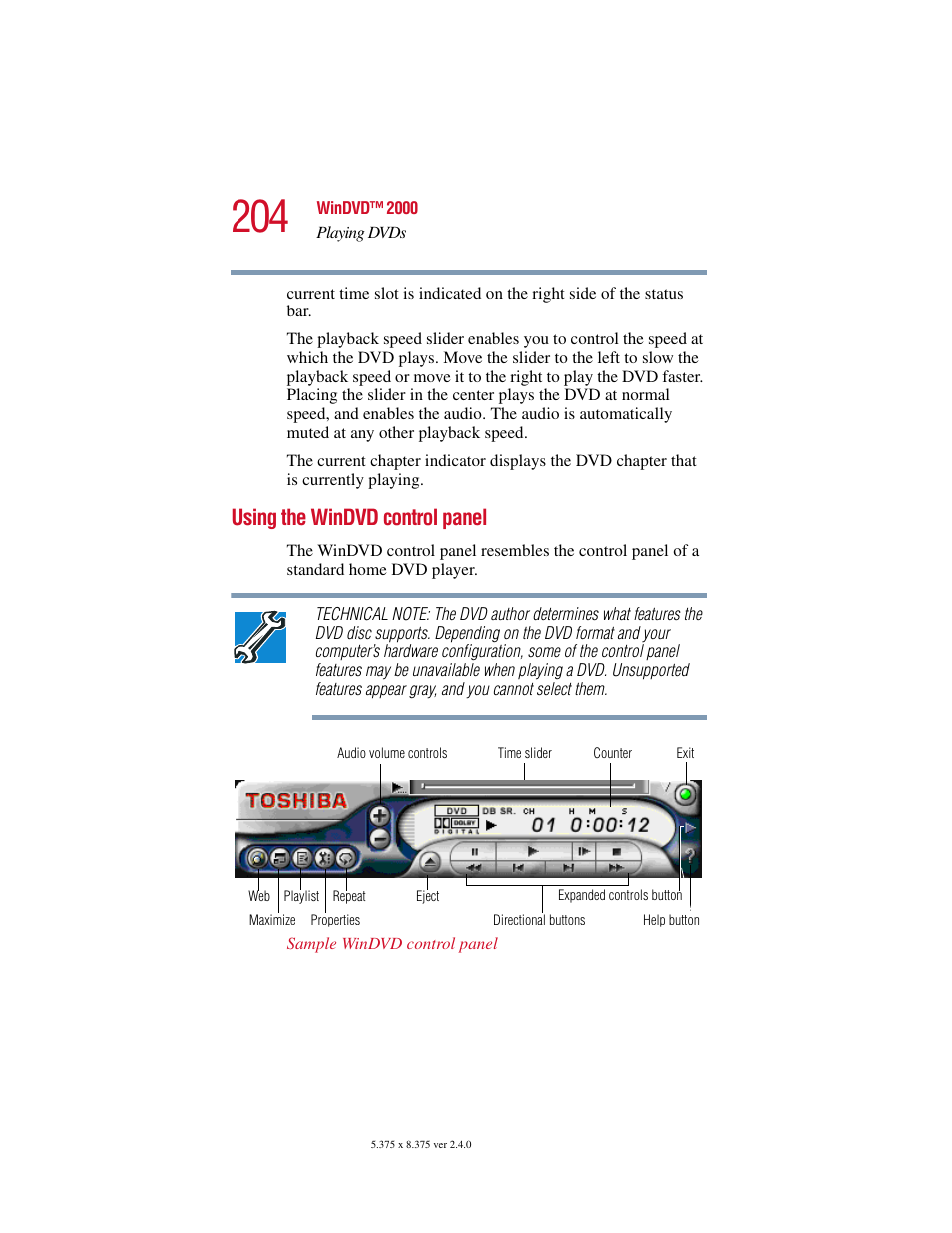 Using the windvd control panel | Toshiba 2400 User Manual | Page 204 / 300