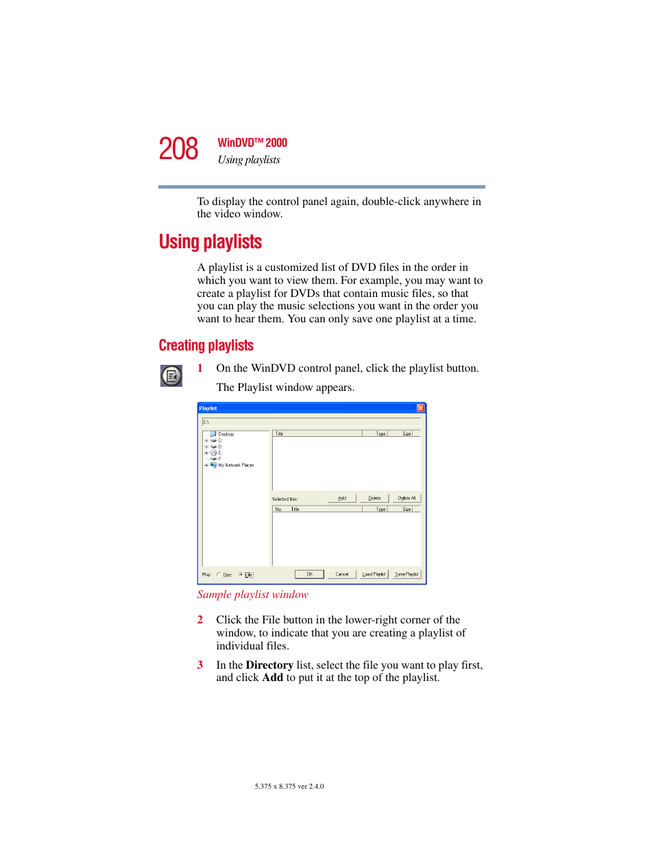 Using playlists, Creating playlists, Creating playlists” on | Toshiba 2400 User Manual | Page 208 / 300