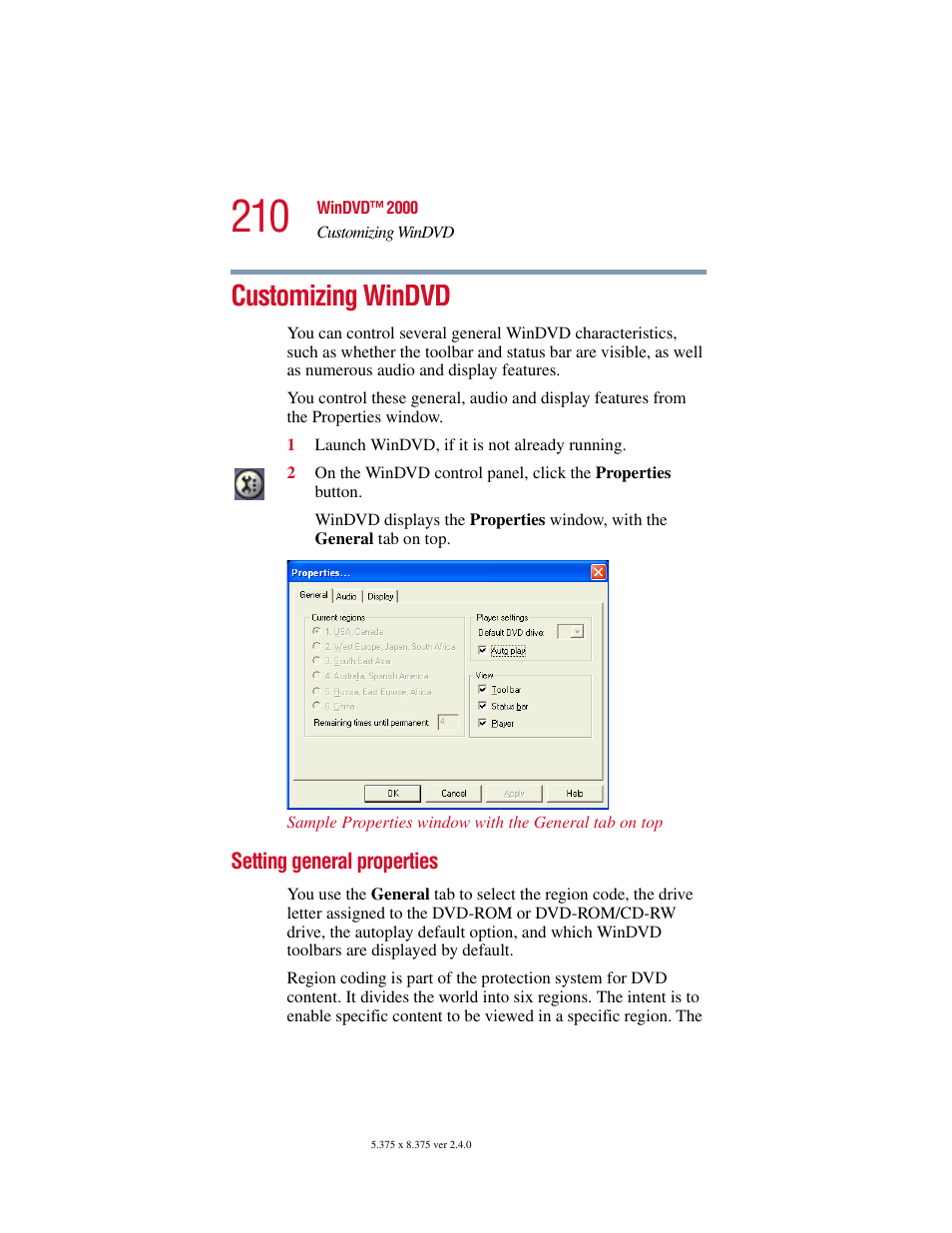 Customizing windvd, Setting general properties | Toshiba 2400 User Manual | Page 210 / 300