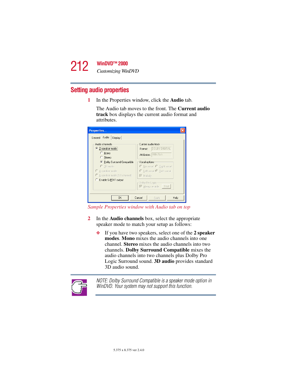 Setting audio properties | Toshiba 2400 User Manual | Page 212 / 300