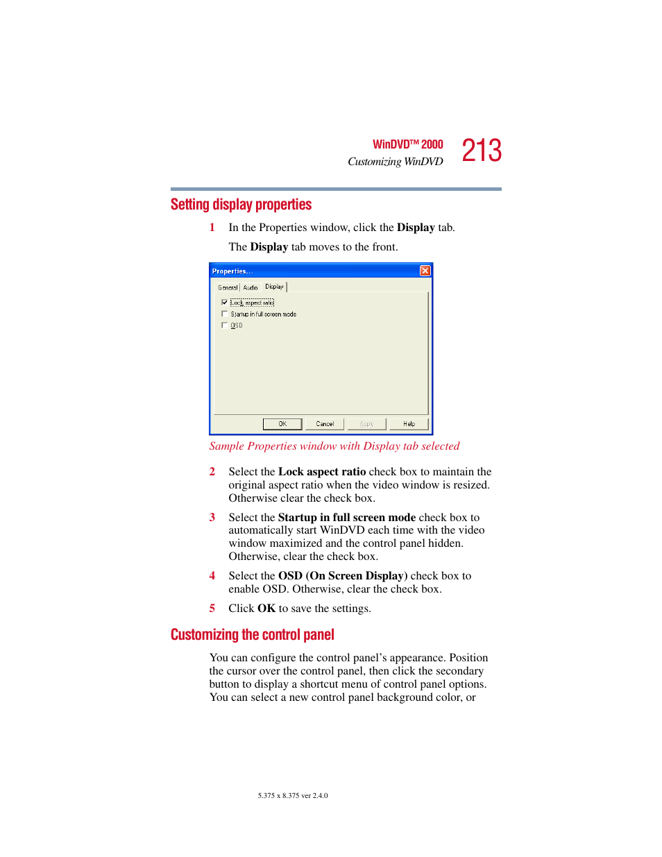 Setting display properties, Customizing the control panel | Toshiba 2400 User Manual | Page 213 / 300