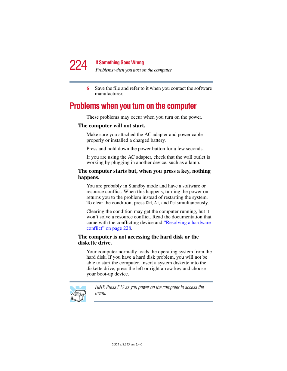 Problems when you turn on the computer | Toshiba 2400 User Manual | Page 224 / 300