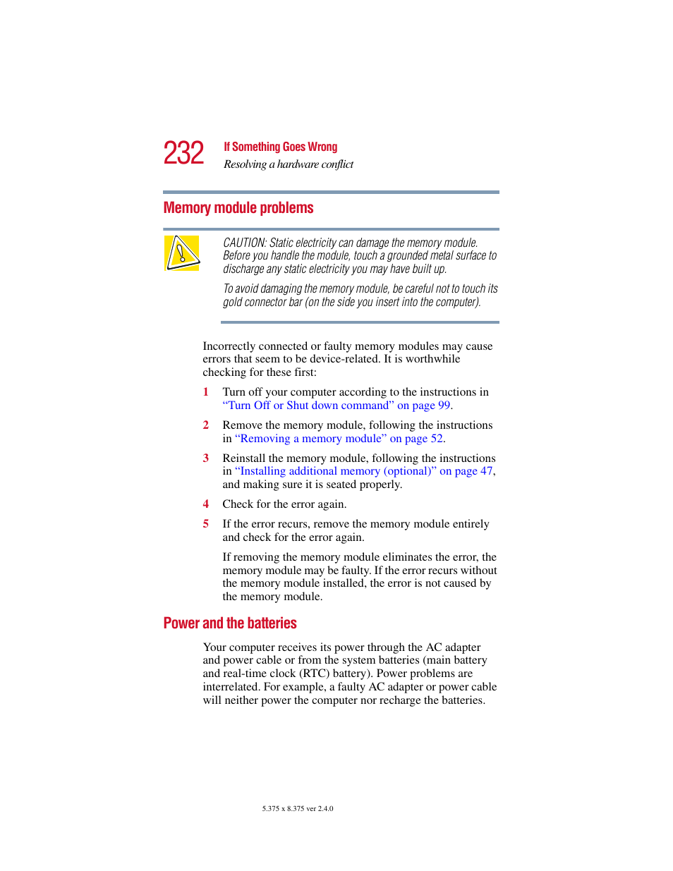 Memory module problems, Power and the batteries, Memory module problems power and the batteries | Toshiba 2400 User Manual | Page 232 / 300