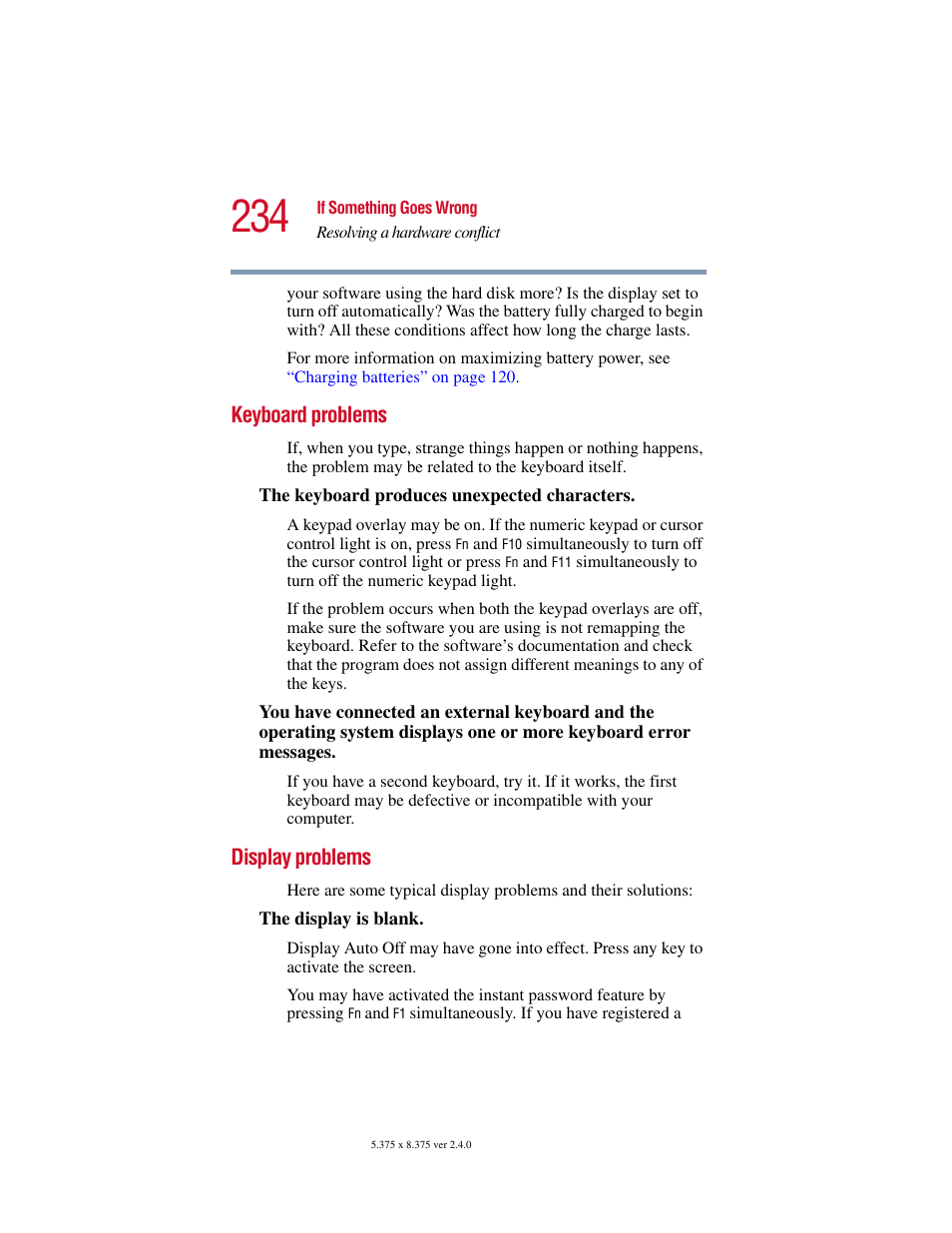 Keyboard problems, Display problems, Keyboard problems display problems | Toshiba 2400 User Manual | Page 234 / 300