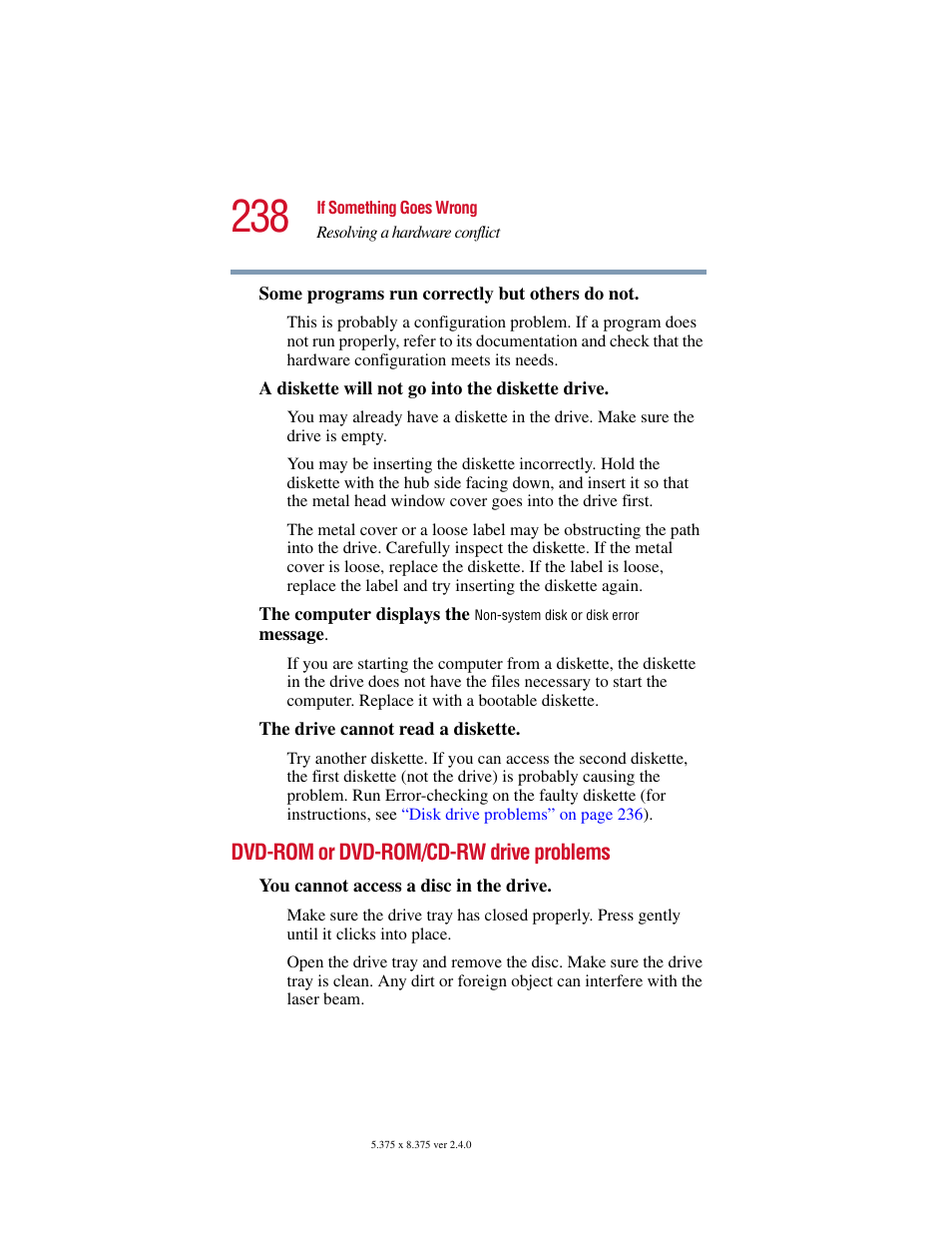 Dvd-rom or dvd-rom/cd-rw drive problems, Dvd-rom or, Dvd-rom/cd-rw drive problems | Toshiba 2400 User Manual | Page 238 / 300