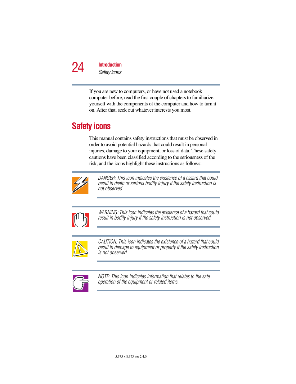 Safety icons | Toshiba 2400 User Manual | Page 24 / 300