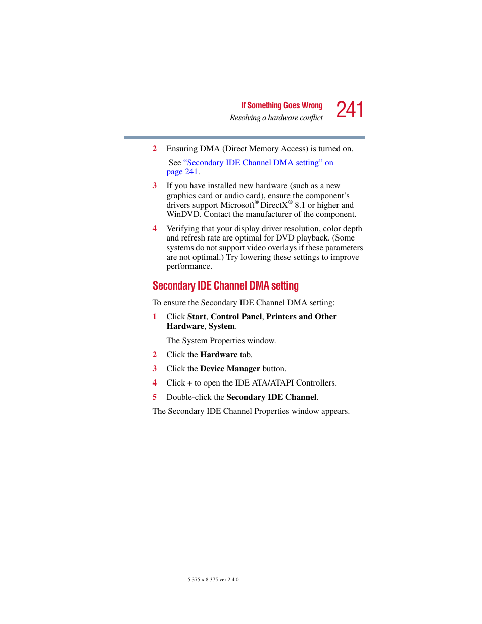 Secondary ide channel dma setting | Toshiba 2400 User Manual | Page 241 / 300