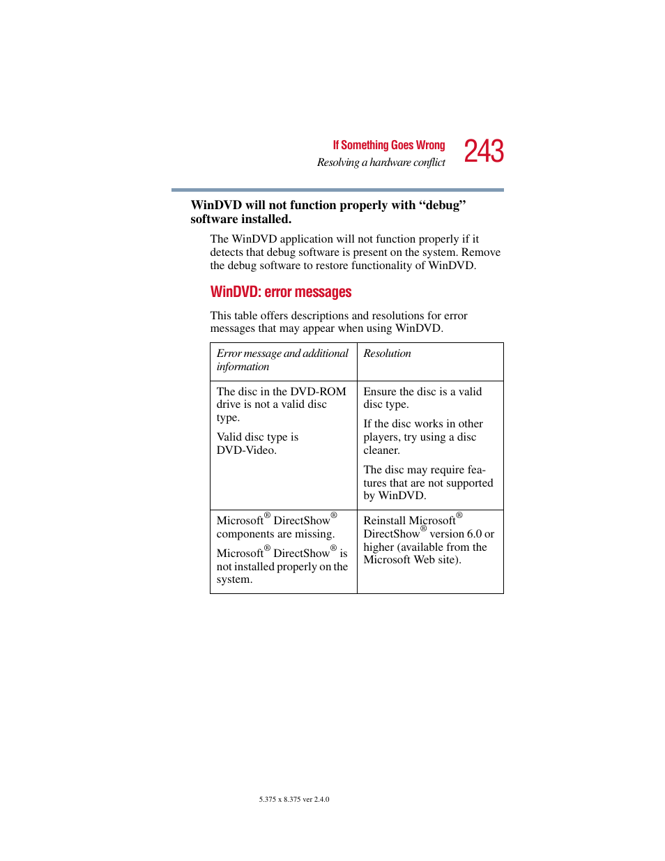 Windvd: error messages | Toshiba 2400 User Manual | Page 243 / 300