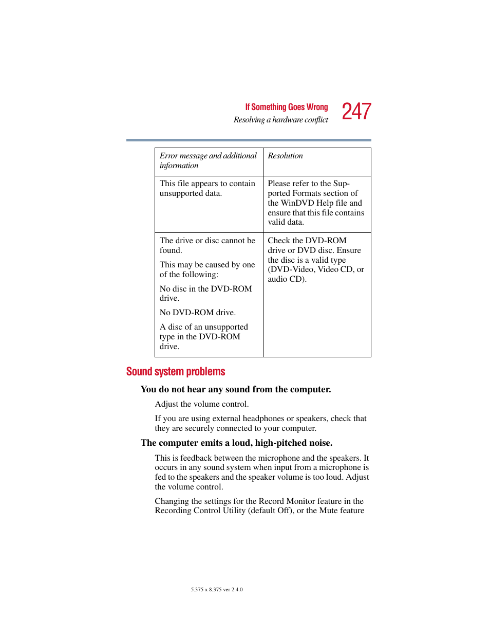 Sound system problems | Toshiba 2400 User Manual | Page 247 / 300