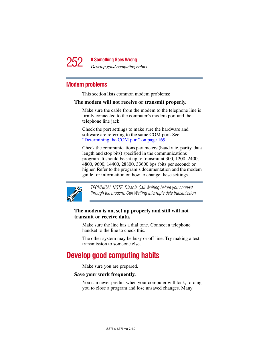 Modem problems, Develop good computing habits | Toshiba 2400 User Manual | Page 252 / 300