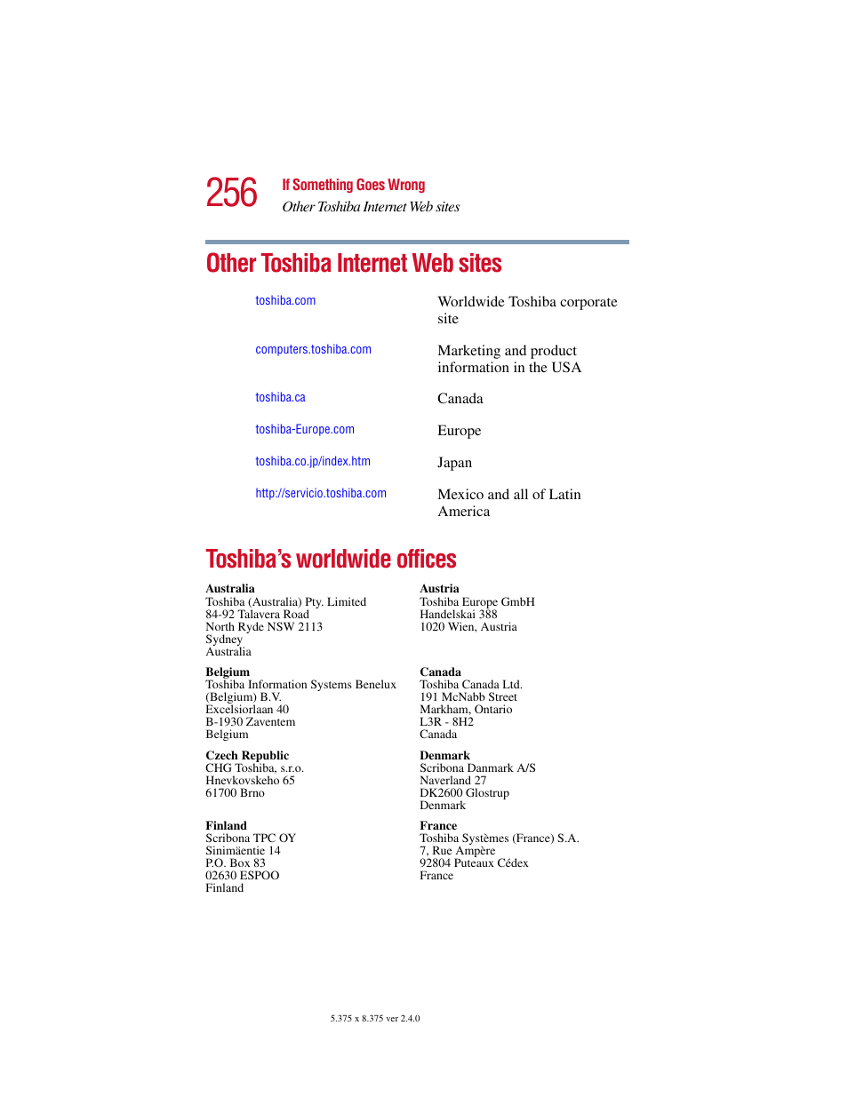 Other toshiba internet web sites, Toshiba’s worldwide offices | Toshiba 2400 User Manual | Page 256 / 300
