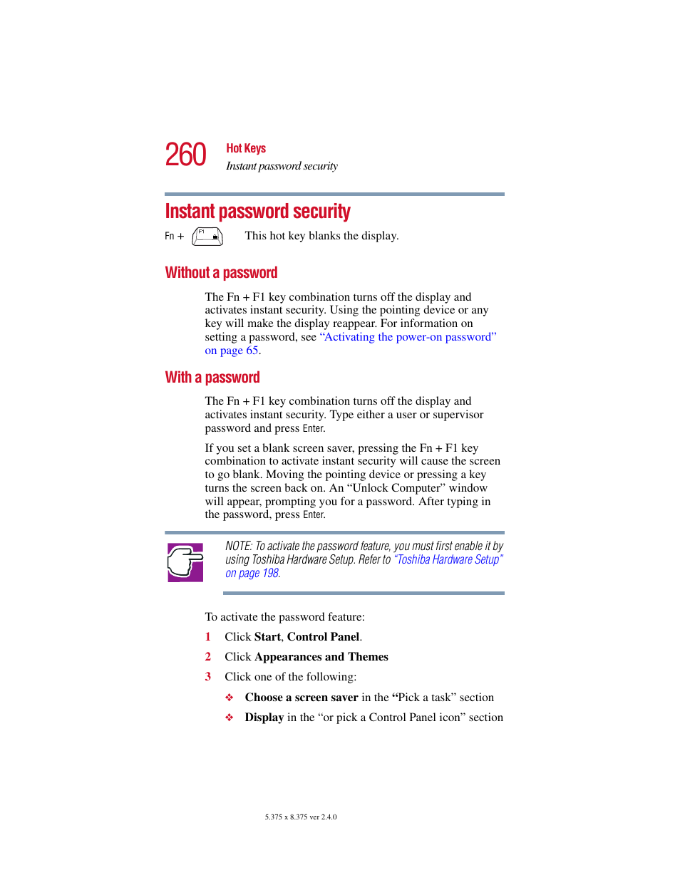 Instant password security, Without a password, With a password | Without a password with a password | Toshiba 2400 User Manual | Page 260 / 300