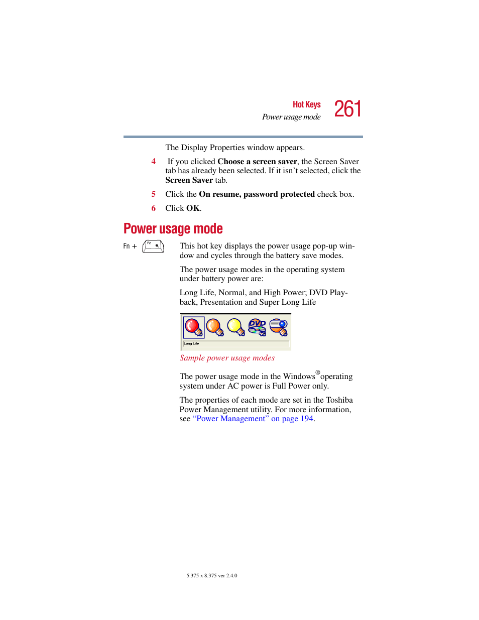 Power usage mode | Toshiba 2400 User Manual | Page 261 / 300