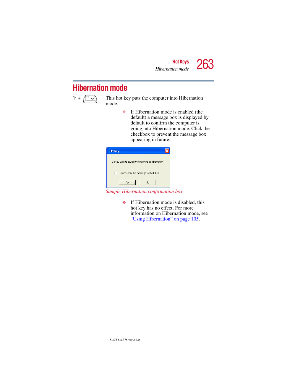 Hibernation mode | Toshiba 2400 User Manual | Page 263 / 300
