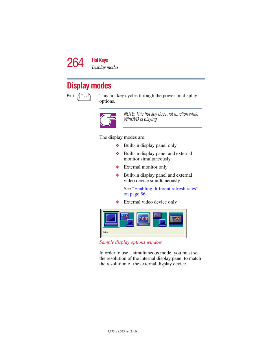 Display modes | Toshiba 2400 User Manual | Page 264 / 300