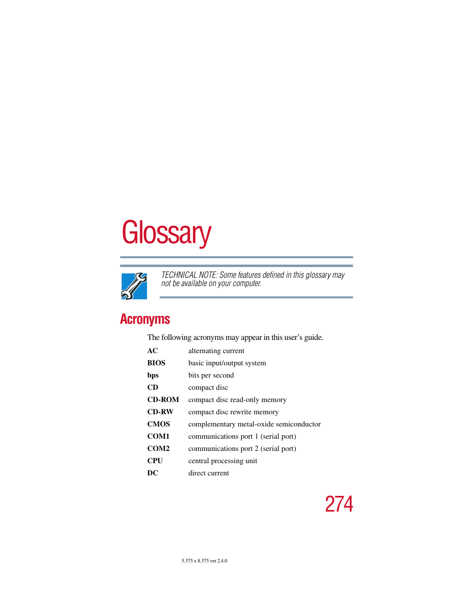 Glossary, Acronyms | Toshiba 2400 User Manual | Page 274 / 300