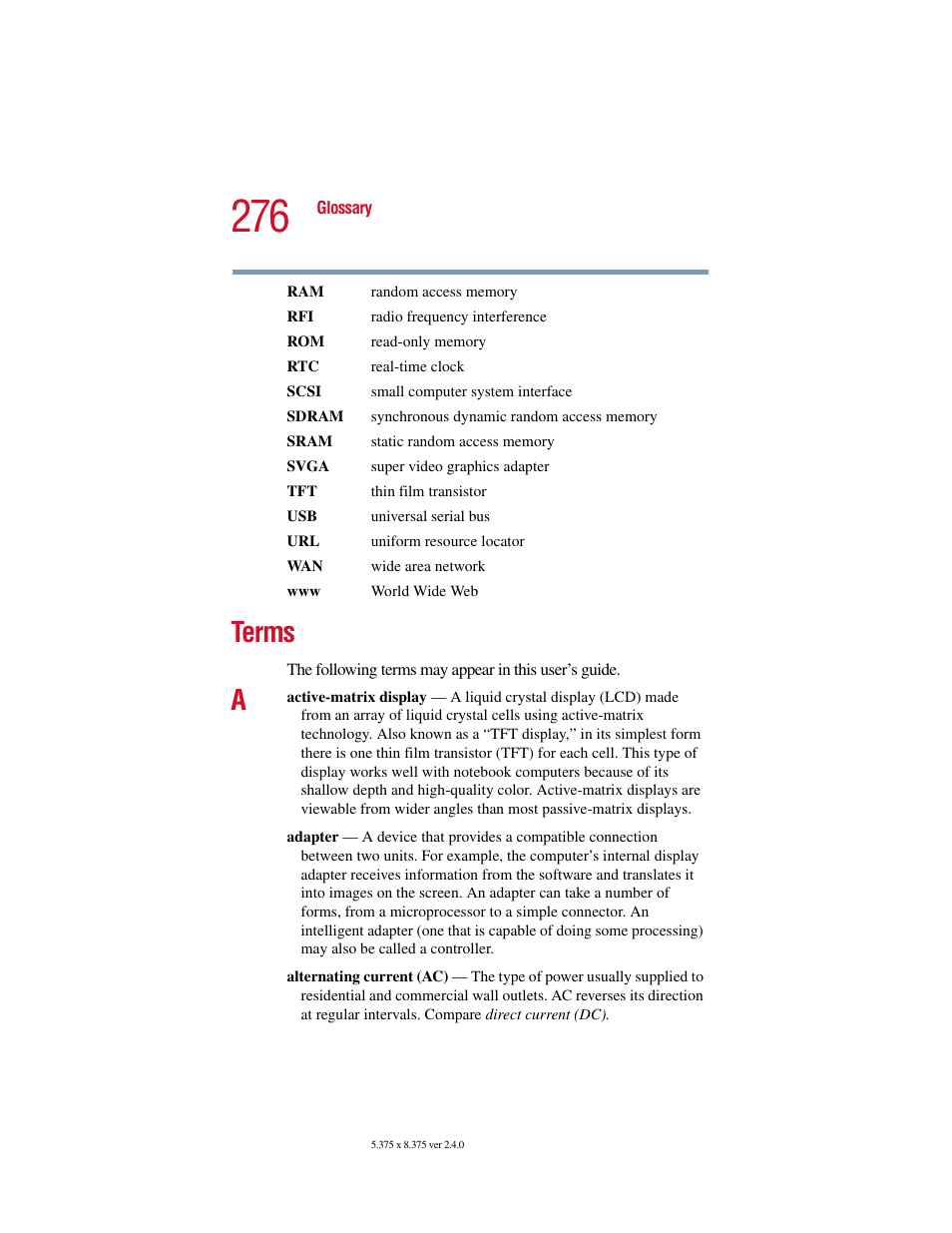 Terms | Toshiba 2400 User Manual | Page 276 / 300