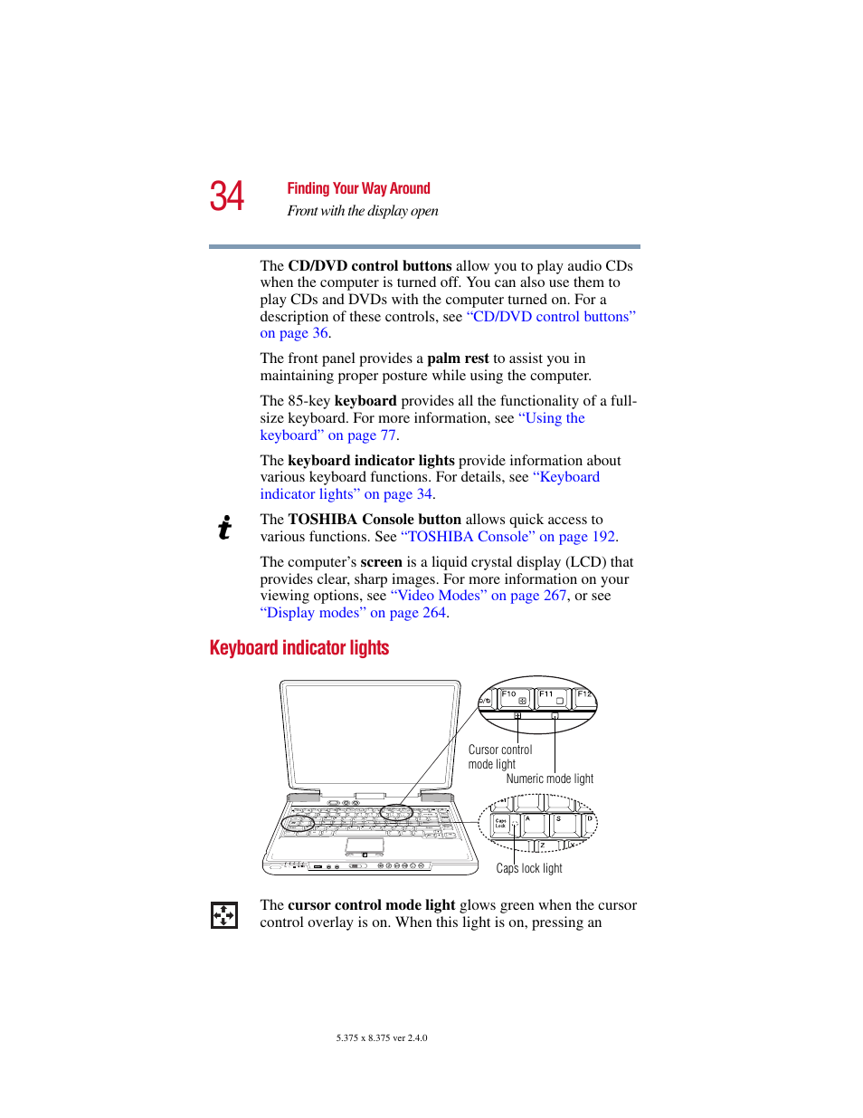 Keyboard indicator lights | Toshiba 2400 User Manual | Page 34 / 300