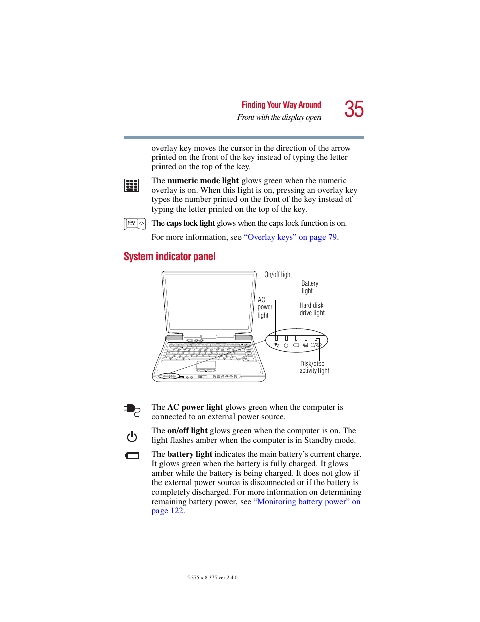 System indicator panel, Of these lights, see | Toshiba 2400 User Manual | Page 35 / 300