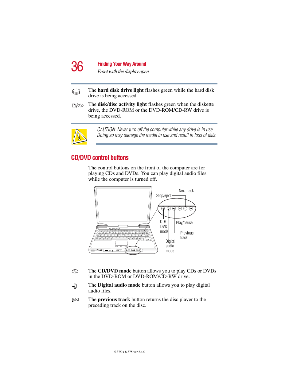 Cd/dvd control buttons | Toshiba 2400 User Manual | Page 36 / 300