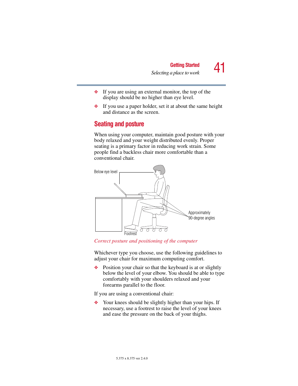 Seating and posture | Toshiba 2400 User Manual | Page 41 / 300