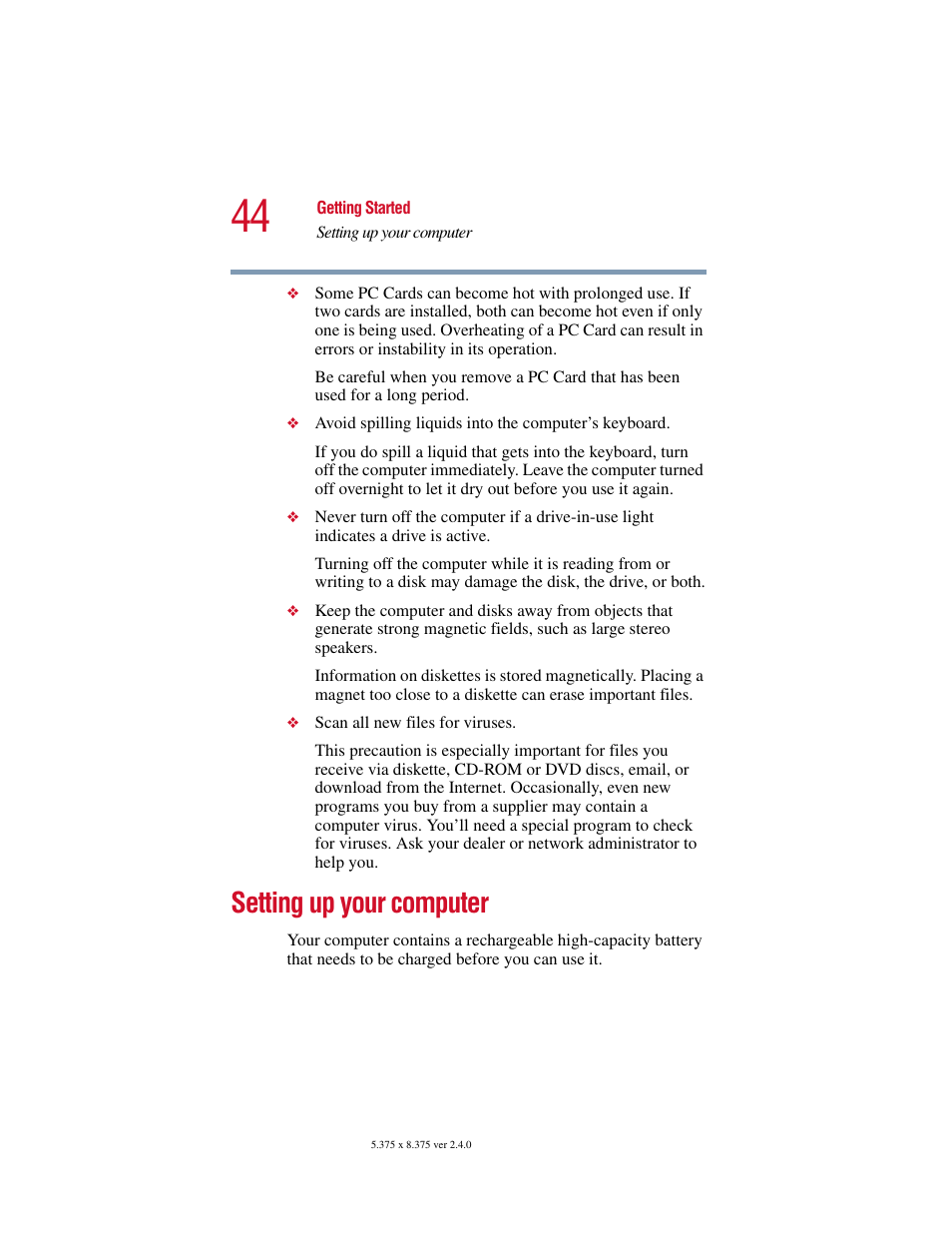 Setting up your computer | Toshiba 2400 User Manual | Page 44 / 300