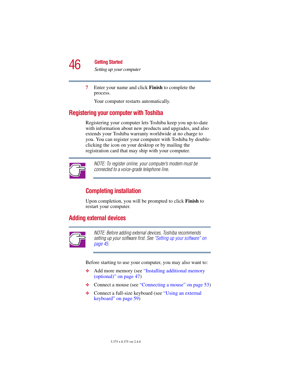 Registering your computer with toshiba, Adding external devices | Toshiba 2400 User Manual | Page 46 / 300