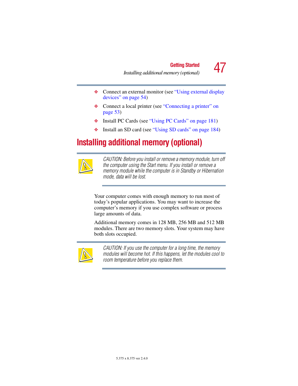 Installing additional memory (optional), Installing additional, Installing additional memory | Toshiba 2400 User Manual | Page 47 / 300